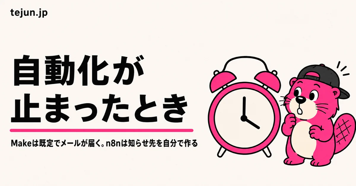 自動化が止まったときに気づけるようにしたい｜Makeは既定でメールが届き、n8nは知らせ先を自分で作ります【2026年9月4日確認】