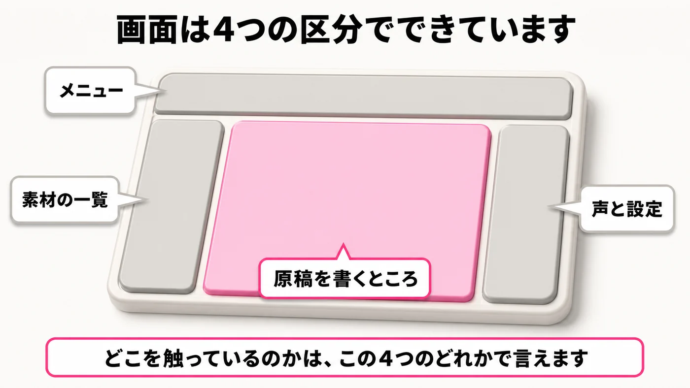 1枚の画面を4つの領域に分けた図。上の帯がメニュー、左が素材の一覧、中央が原稿を書くところ、右が声と設定。