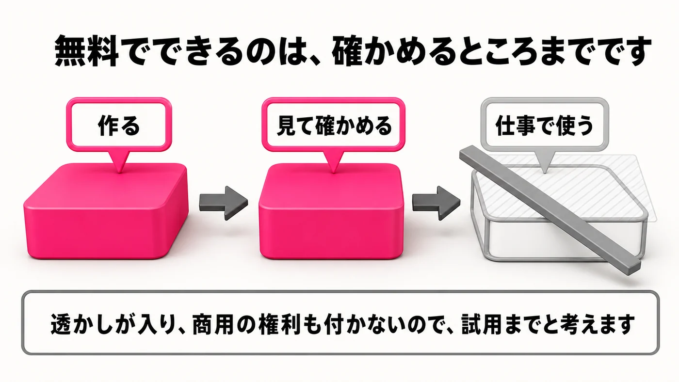 左から右へ3つの箱。作る、見て確かめるまではマゼンタで、仕事で使うはグレーの枠に遮断バーが掛かっている。