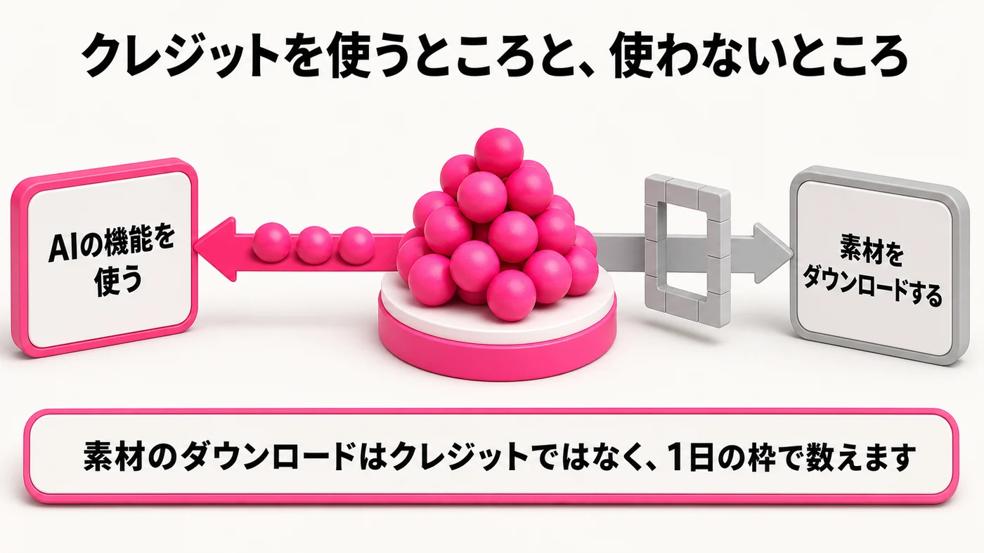 中央のクレジットの玉の山から、左のAIの機能を使うへは玉が流れている。右の素材をダウンロードするへは玉が流れず、代わりに1日の枠を示す区切りがある。