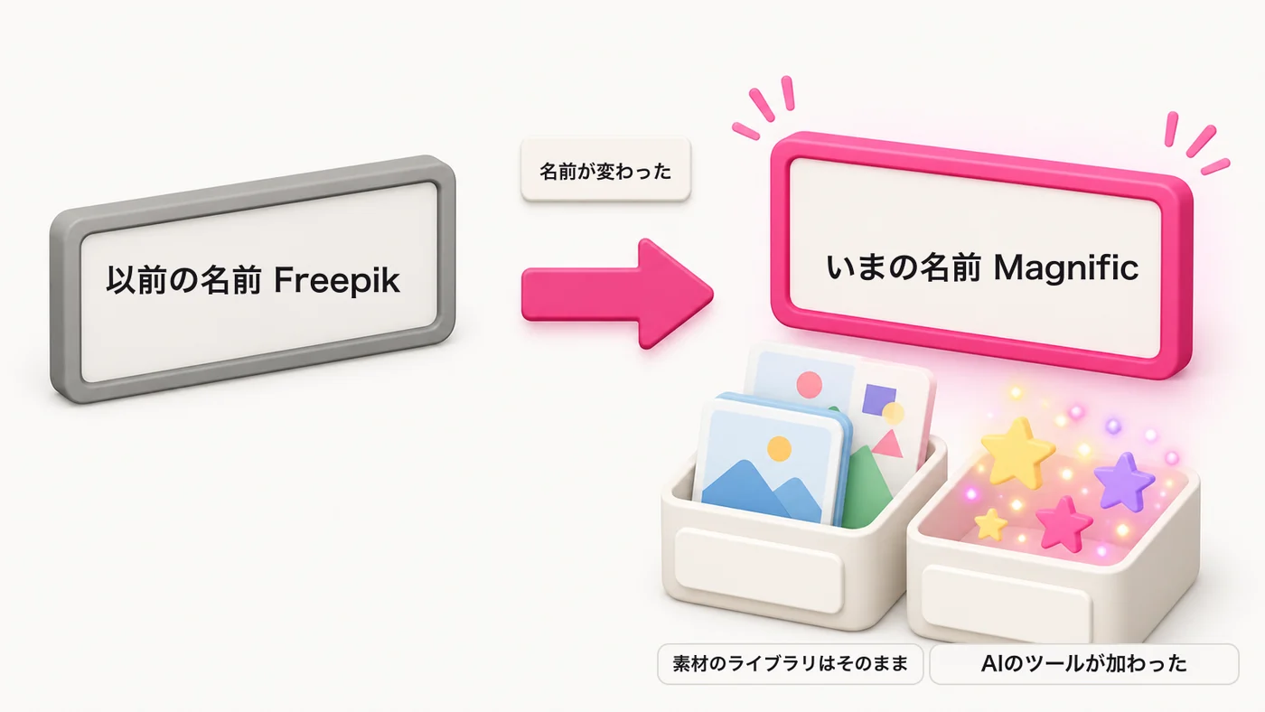 左から右への変化を示す図。以前の名前Freepikから、いまの名前Magnificへ名前が変わった。右側には中身が2つ並び、素材のライブラリはそのまま引き継がれ、そこにAIのツールが加わっている。
