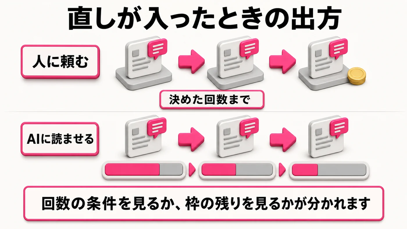 上段は人に頼む型で、直しの矢印3本のうち3本目にコインが付き、決めた回数までのタグがある。下段はAIに読ませる型で、直しのたびに下のゲージが減っていく。