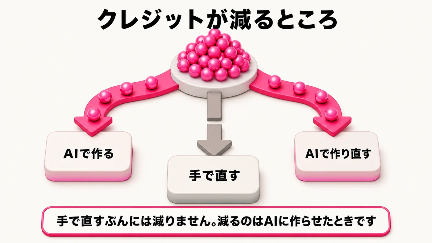 中央のクレジットの玉の山から3方向へ矢印。AIで作る、AIで作り直すには玉が流れ、手で直すには玉が流れていない。