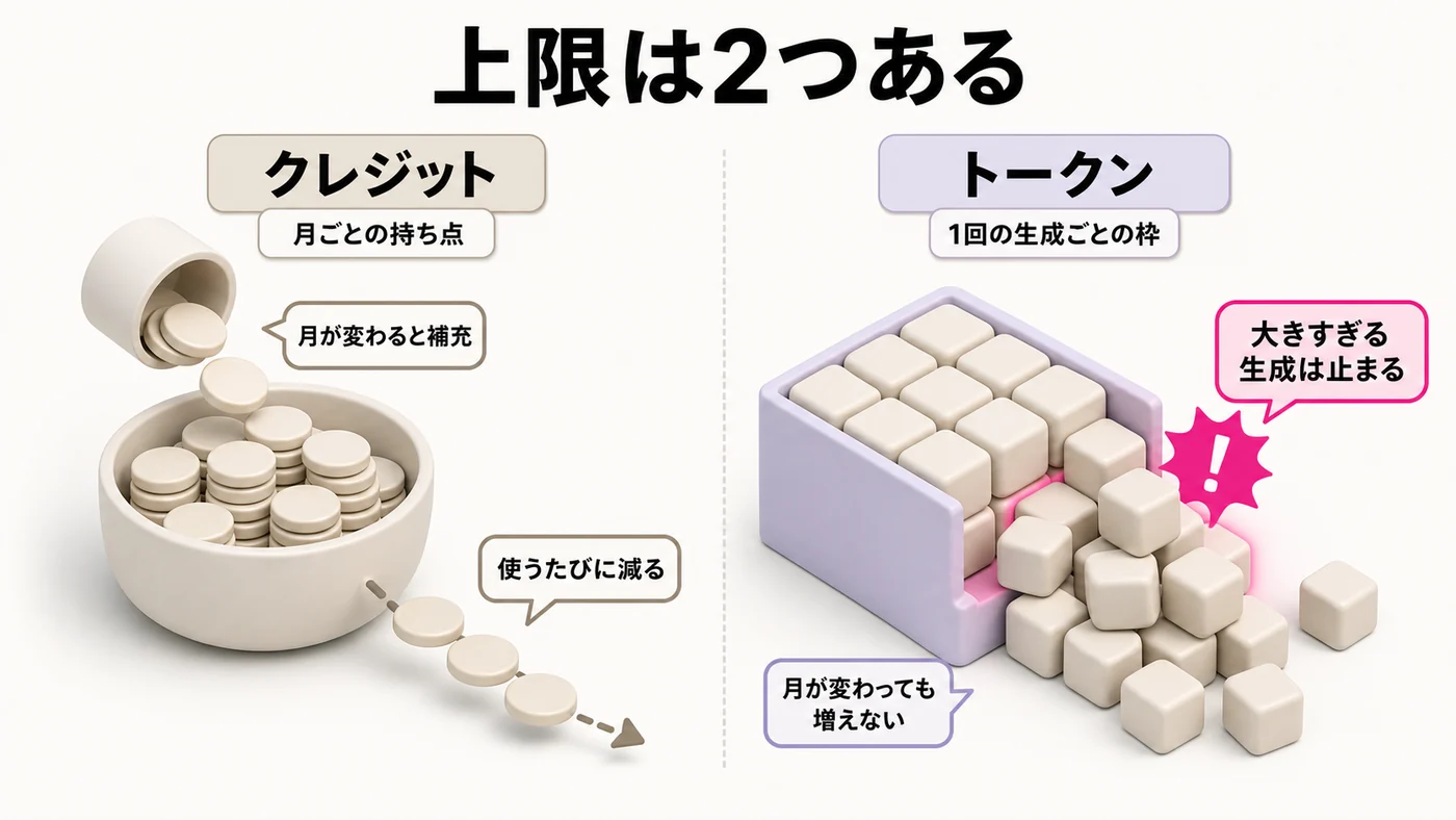 左右2つの枠。左はクレジットで、月ごとの持ち点として描かれ、AIを使う操作のたびに減り、月が変わると補充される。右はトークンで、1回の生成ごとに用意される処理量の枠として描かれ、1回の生成が大きすぎると枠からあふれて止まる。2つの枠は別々に存在する。