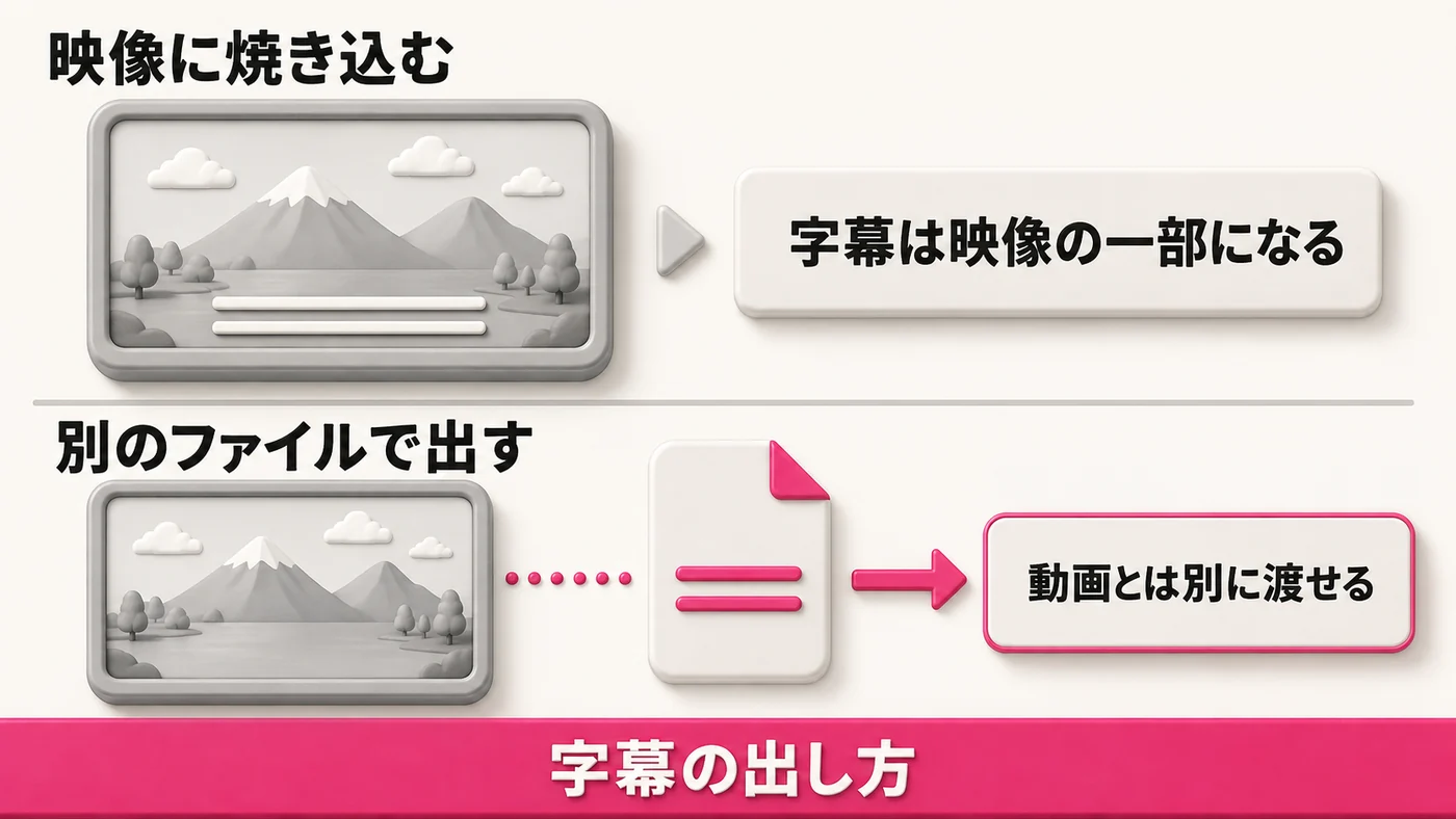 上下2段の図。上段は「映像に焼き込む」で、角丸の動画フレームの下辺の内側に字幕を表す横線が2本描き込まれ、右に「字幕は映像の一部になる」のタグ。下段は「別のファイルで出す」で、字幕の入っていない動画フレームの右に、横線の入った紙のアイコンが点線でつながり、そこから矢印が伸びて「動画とは別に渡せる」のタグ。下辺に「字幕の出し方」の帯。