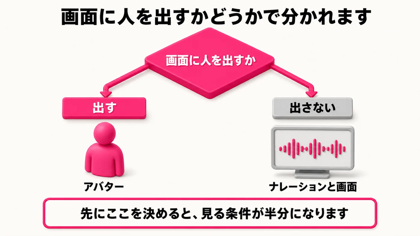 中央のひし形に「画面に人を出すか」。左下の枝が出すでアバター、右下の枝が出さないでナレーションと画面。