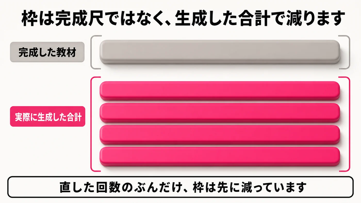 上段は完成した教材を示す帯が1本。下段は実際に生成した合計を示す同じ長さの帯が4本積まれ、全体を囲む枠が上段より大きい。