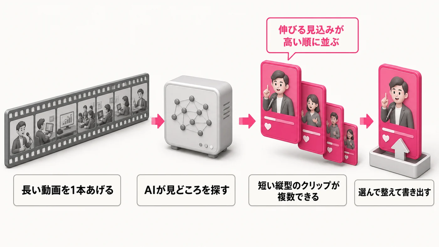 左から右への流れ図。長い動画を1本あげると、AIが見どころを探し、短い縦型のクリップが複数できる。クリップは伸びる見込みが高い順に並び、その中から選んで整えて書き出す。
