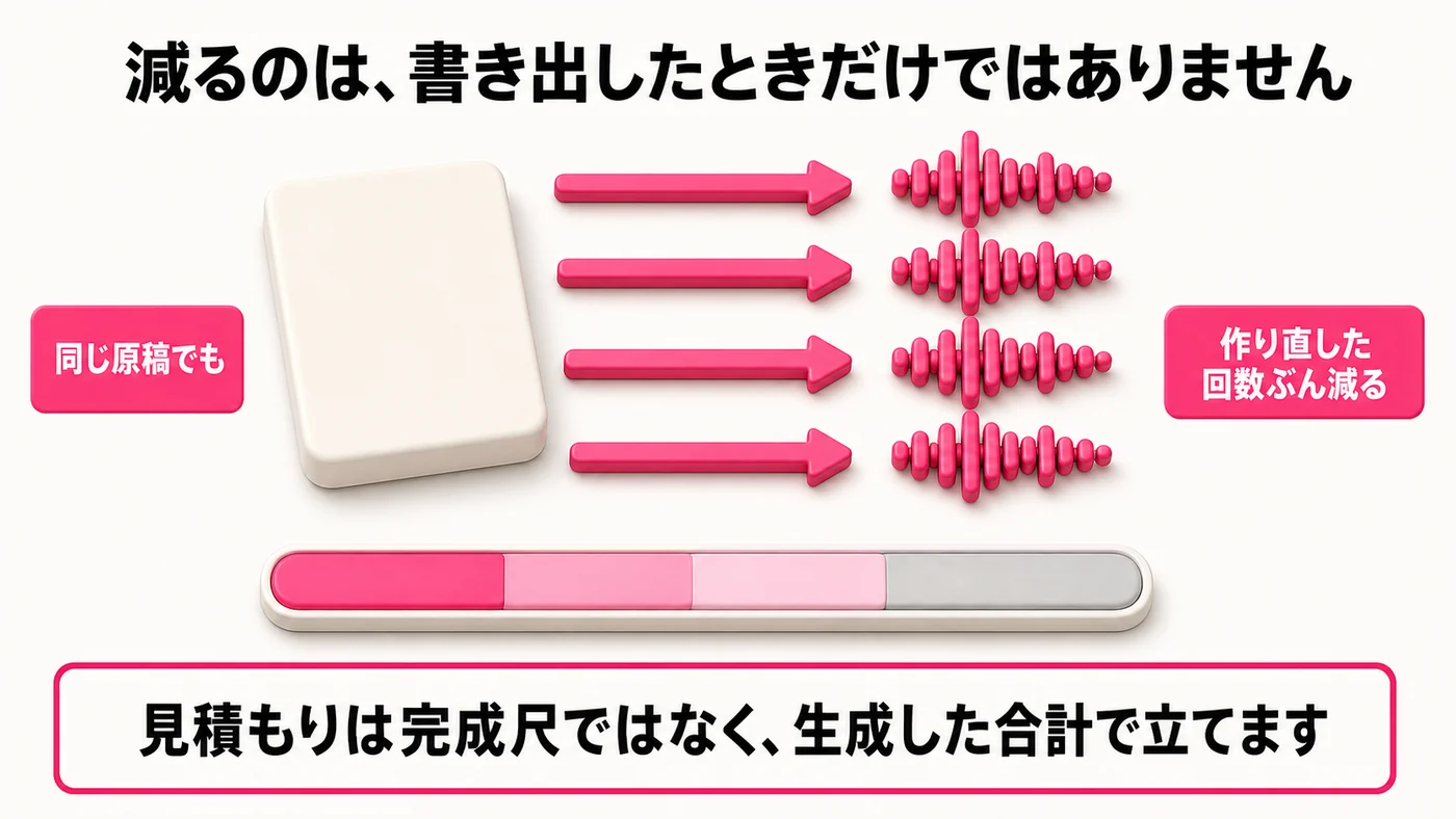1本の原稿から生成の矢印が4本出て、それぞれの先に音の波がある。下のゲージが矢印の数に合わせて減っている。